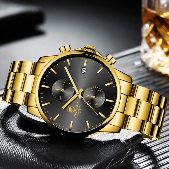 GOLDEN HOUR Men's Gold Black Stainless Steel Chronograph Quartz Watch Waterproof - Picture 4 of 7
